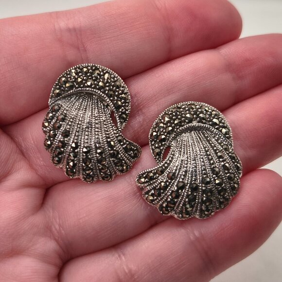 Vintage Jewelry - Vintage Sterling Silver Marcasite Fan Earrings